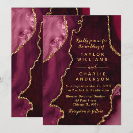 Convite Burgundy Red and Gold Agate Marble Wedding