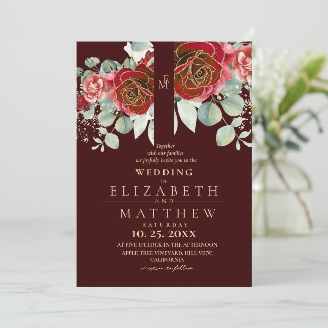 Convite Burgundy Red and Gold Floral Modern Boho Wedding (Em pé/Frente)