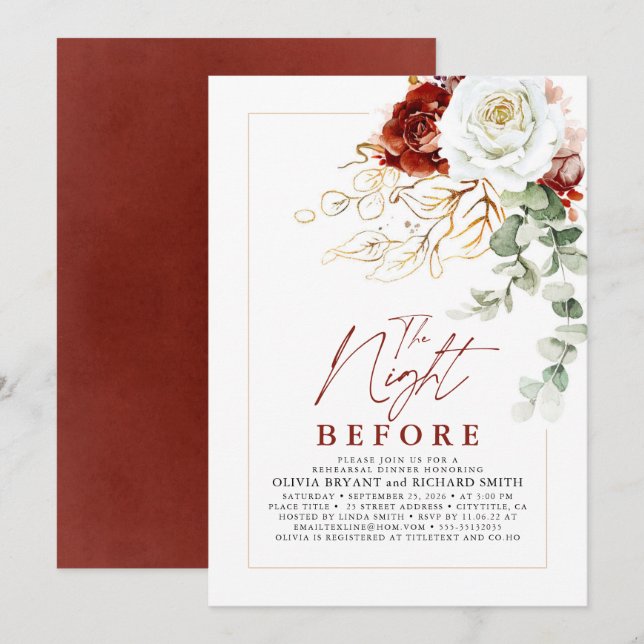 Convite Burgundy Red and White Floral Rehearsal Dinner (Frente/Verso)