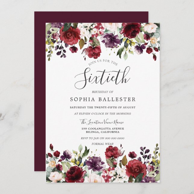 Convite Burgundy Red Boho 60ª Sessenta Festa de aniversári (Frente/Verso)
