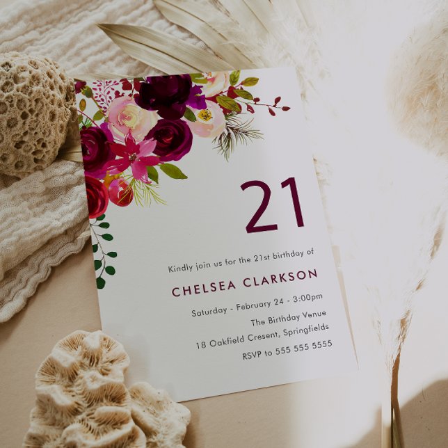 Convite Burgundy Red Boho Flowers - aniversário de 21 anos (Criador carregado)