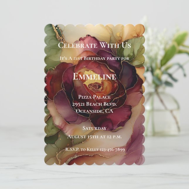 Convite Burgundy Red Dourado Rosa Floral Aniversário (Em pé/Frente)