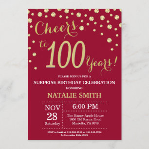 Convite Burgundy Red Dourado Surpresa 100º Aniversário Dia