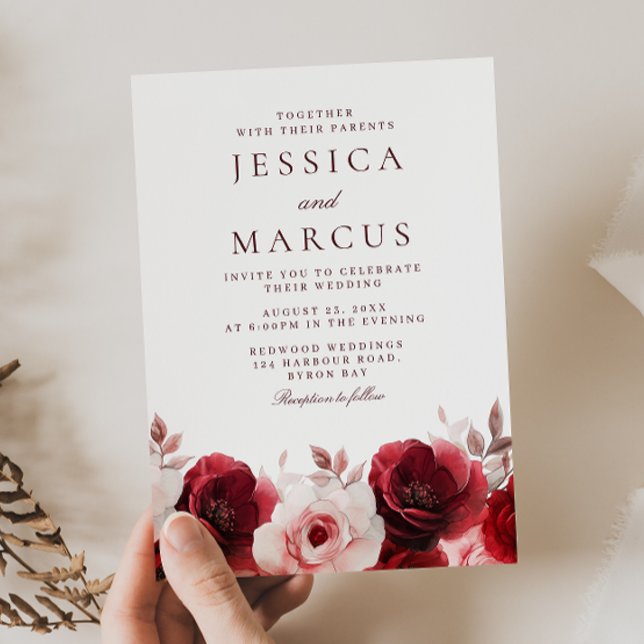 Convite Burgundy Red Elegance: Casamento Rosa vermelha (Criador carregado)