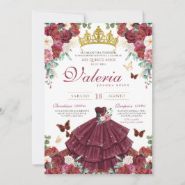 Convite Burgundy Red Elegant Butefly Princess Quinceañera