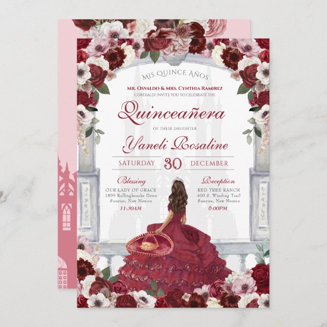 Convite Burgundy Red Elegante Charro Princess Quinceanera (Frente/Verso)