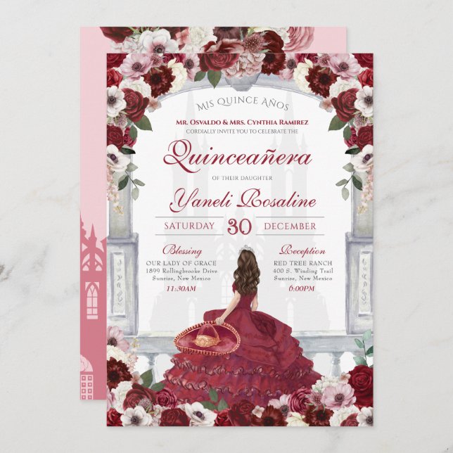 Convite Burgundy Red Elegante Charro Princess Quinceanera (Frente/Verso)