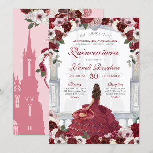 Convite Burgundy Red Elegante Charro Princess Quinceanera