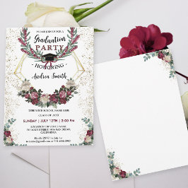 Convite Burgundy Red Floral Dourada Festa de formatura