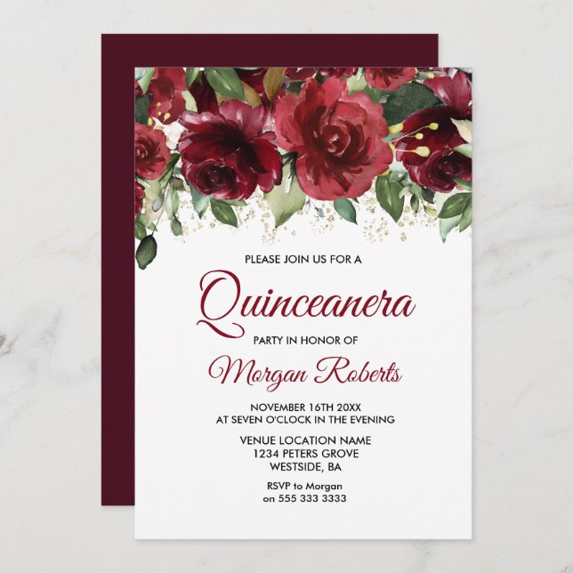 Convite Burgundy Red Floral Dourada Glitter Quinceanera (Frente/Verso)