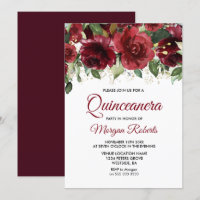 Burgundy Red Floral Dourada Glitter Quinceanera