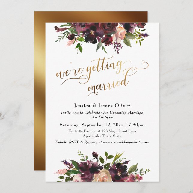 Convite Burgundy Red Floral e Dourado Vamos nos casar (Frente/Verso)