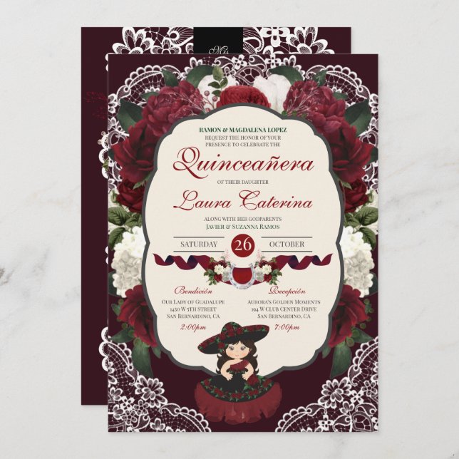 Convite Burgundy Red Floral Lace Charro Quinceanera (Frente/Verso)