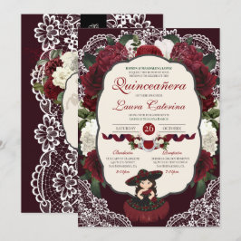 Convite Burgundy Red Floral Lace Charro Quinceanera
