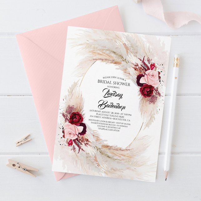 Convite Burgundy Red Floral Pampas Grass Bridal Shower (Criador carregado)