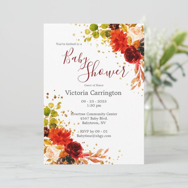 Convite Burgundy Red Floral Personalizar Bebê (Em pé/Frente)
