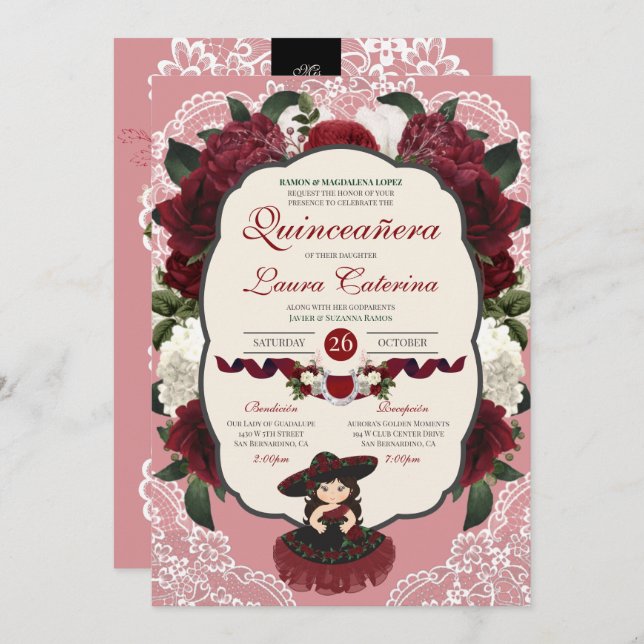Convite Burgundy Red Floral Rosa Charro Quinceanera (Frente/Verso)