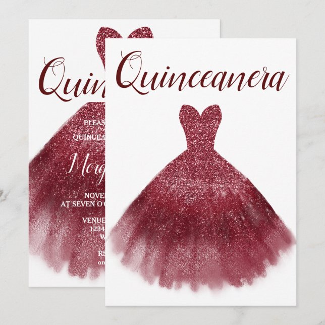Convite Burgundy Red Glitter Dress Quinceanera Party 15 (Frente/Verso)