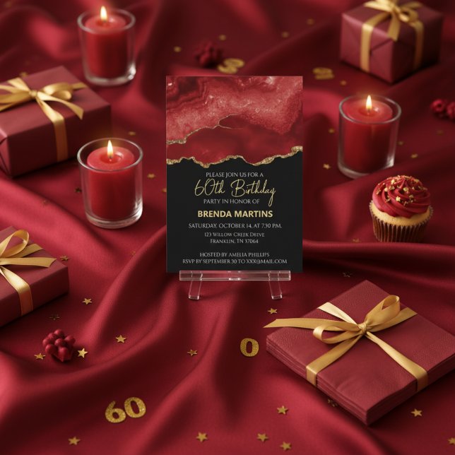 Convite Burgundy Red Gold Glitter  Watercolor (Criador carregado)