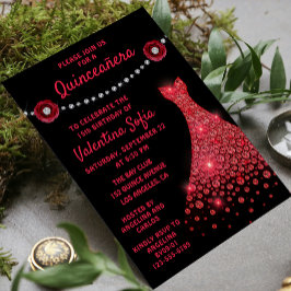 Convite Burgundy Red Gown Diamond Rosa Modern Quinceañera