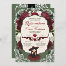 Burgundy Red Green Floral Rosa Charro Quinceanera