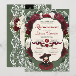 Convite Burgundy Red Green Floral Rosa Charro Quinceanera