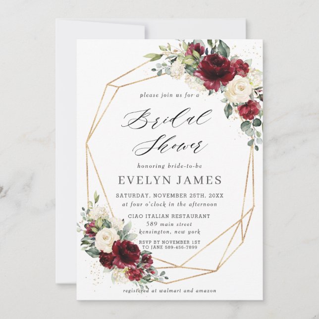 Convite Burgundy Red Ivory Floral Chá de panela Geométrico (Frente)