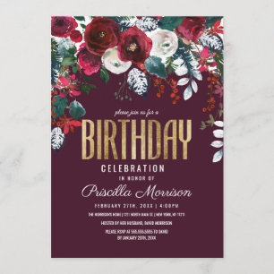 Convite Burgundy Red Ivory Floral Convênio Aniversário