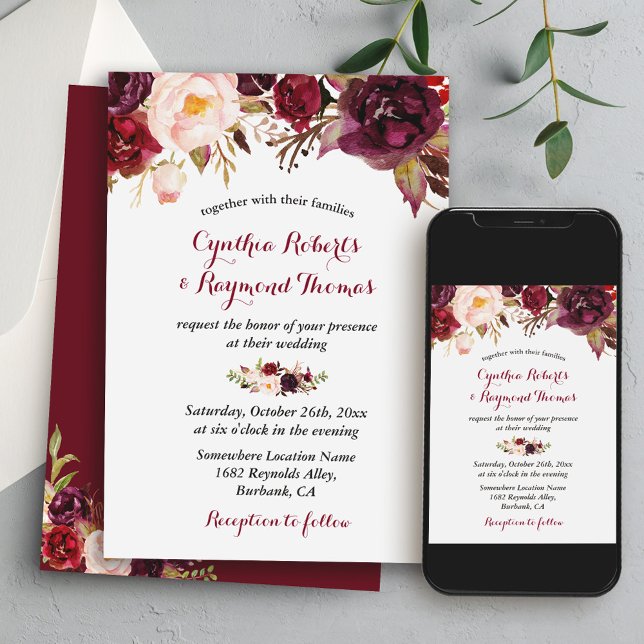Convite Burgundy Red Marsala Floral Casamento outono (From rustic to formal indoor affairs, this invitation complements a variety of wedding settings.)