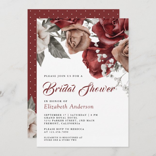 Convite Burgundy Red Roses Floral Bridal Shower (Frente/Verso)