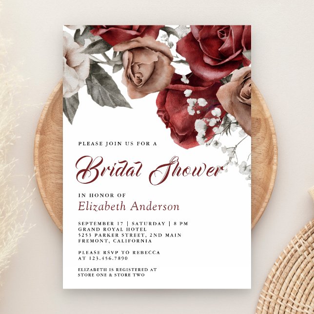 Convite Burgundy Red Roses Floral Bridal Shower (Criador carregado)