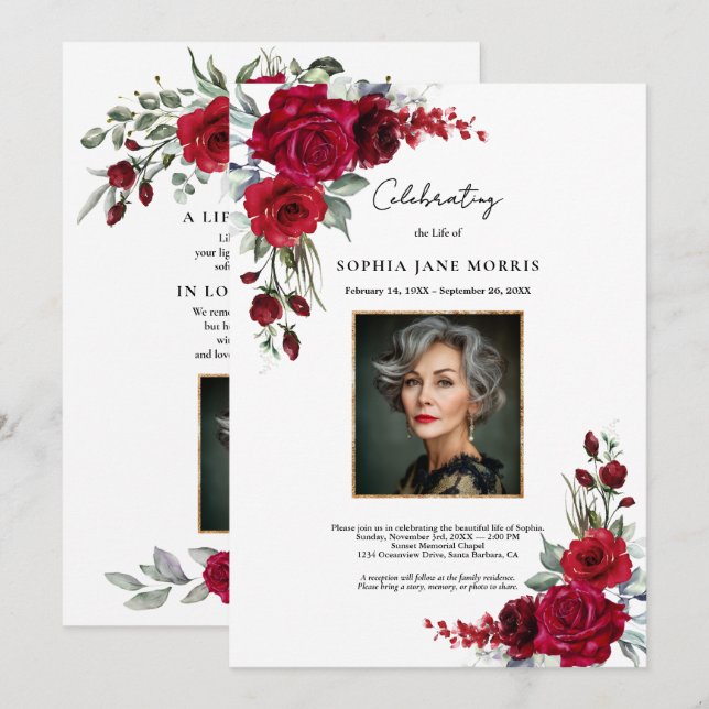 Convite Burgundy Red Roses Funeral Invitation (Frente/Verso)