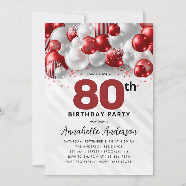Convite Burgundy Red Silver Balloon Glitter 80 Birthday (Frente)
