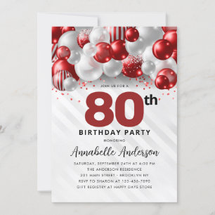 Convite Burgundy Red Silver Balloon Glitter 80 Birthday