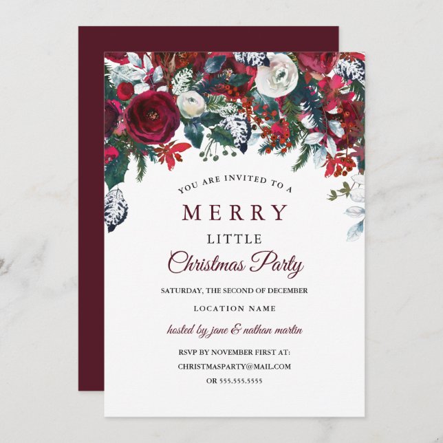 Convite Burgundy Red White Floral (Frente/Verso)