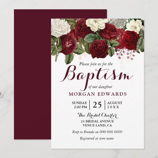 Convite Burgundy Red White Floral Neutral Baptism Invite (Frente/Verso)