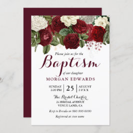 Convite Burgundy Red White Floral Neutral Baptism Invite