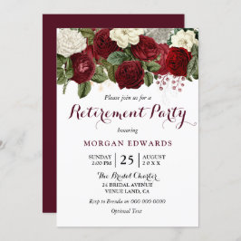 Convite Burgundy Red White Floral Retirement Party