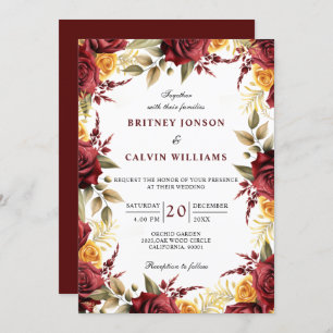 Convite Burgundy Red Yellow Roses Floral Elegante Casament
