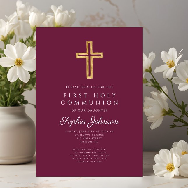Convite Burgundy Religious Cross Boy First Communion (Burgundy Religious Cross Boy First Communion Invitation)