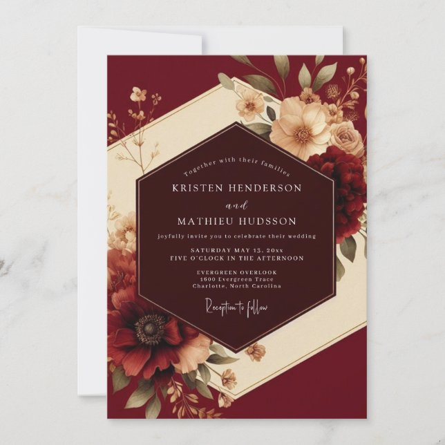 Convite Burgundy Romantic Flora Wedding (Frente)