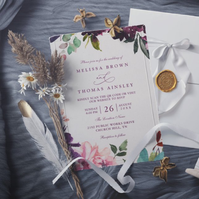 Convite Burgundy Romantic Florals Elegant QR Code Wedding (Criador carregado)