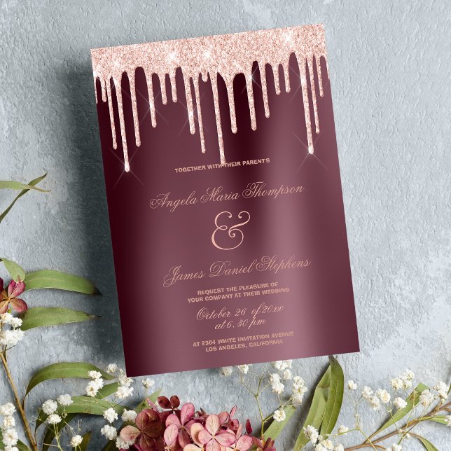 Convite Burgundy rosa dourado brilha glamouroso casamento (Burgundy rose gold glitter drips glamorous wedding)