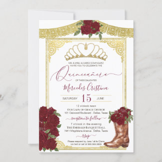 Convite Burgundy Rosa Dourado Floral Boot Charro Quinceane