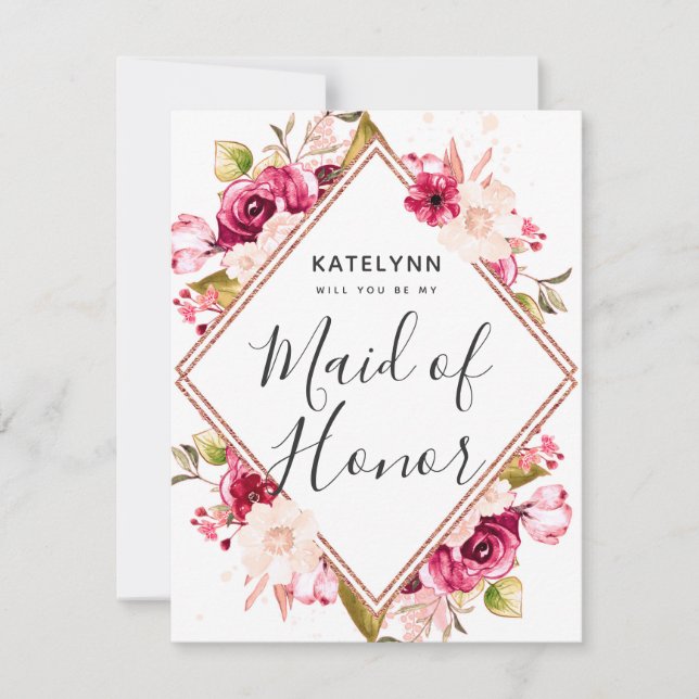 Convite Burgundy Rosa Dourado Você Será Minha Madrinha de  (Frente)