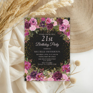 Convite Burgundy Rosa Floral Brilho Preto Aniversário de 2