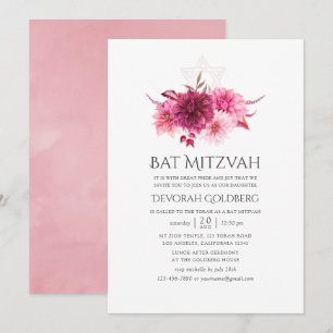 Convite Burgundy & Rosa Floral em Aquarela para Bat Mitzva