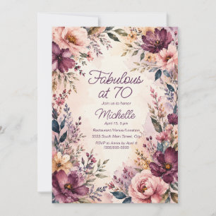 Convite Burgundy Rosa Floral Fabuloso Aniversário de 70 an