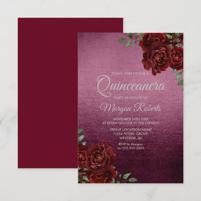 Convite Burgundy Rosa Foil Olhe Quinceanera Convide (Frente/Verso)