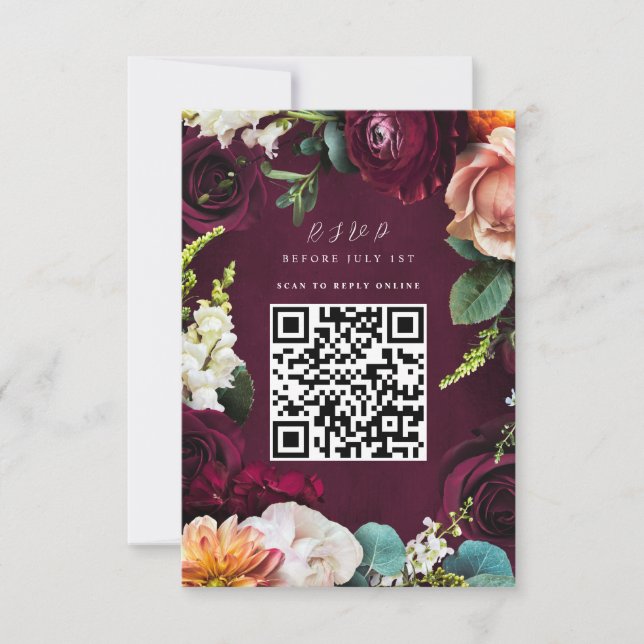 Convite Burgundy Rosa Ranunculus Weding Código QR RSVP (Frente)